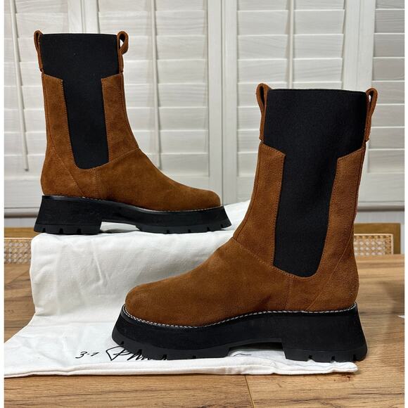 3.1 Phillip Lim Kate Lug Sole Mid Calf Combat Boot Saddle Brown Suede Sz. 10 NIB - Picture 9 of 15